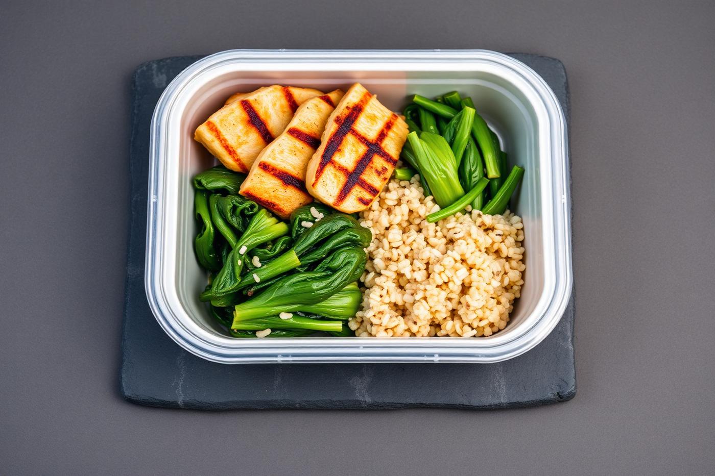 Low-carb grilled chicken, quinoa and greens in a bento box