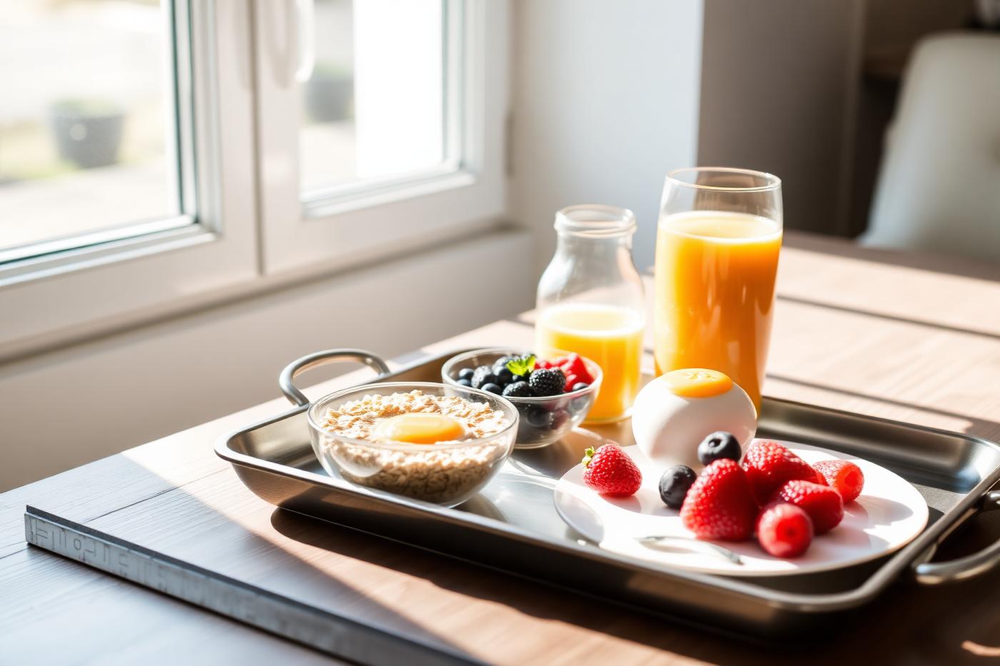 Breakfast tray with oats, berries, egg and juice