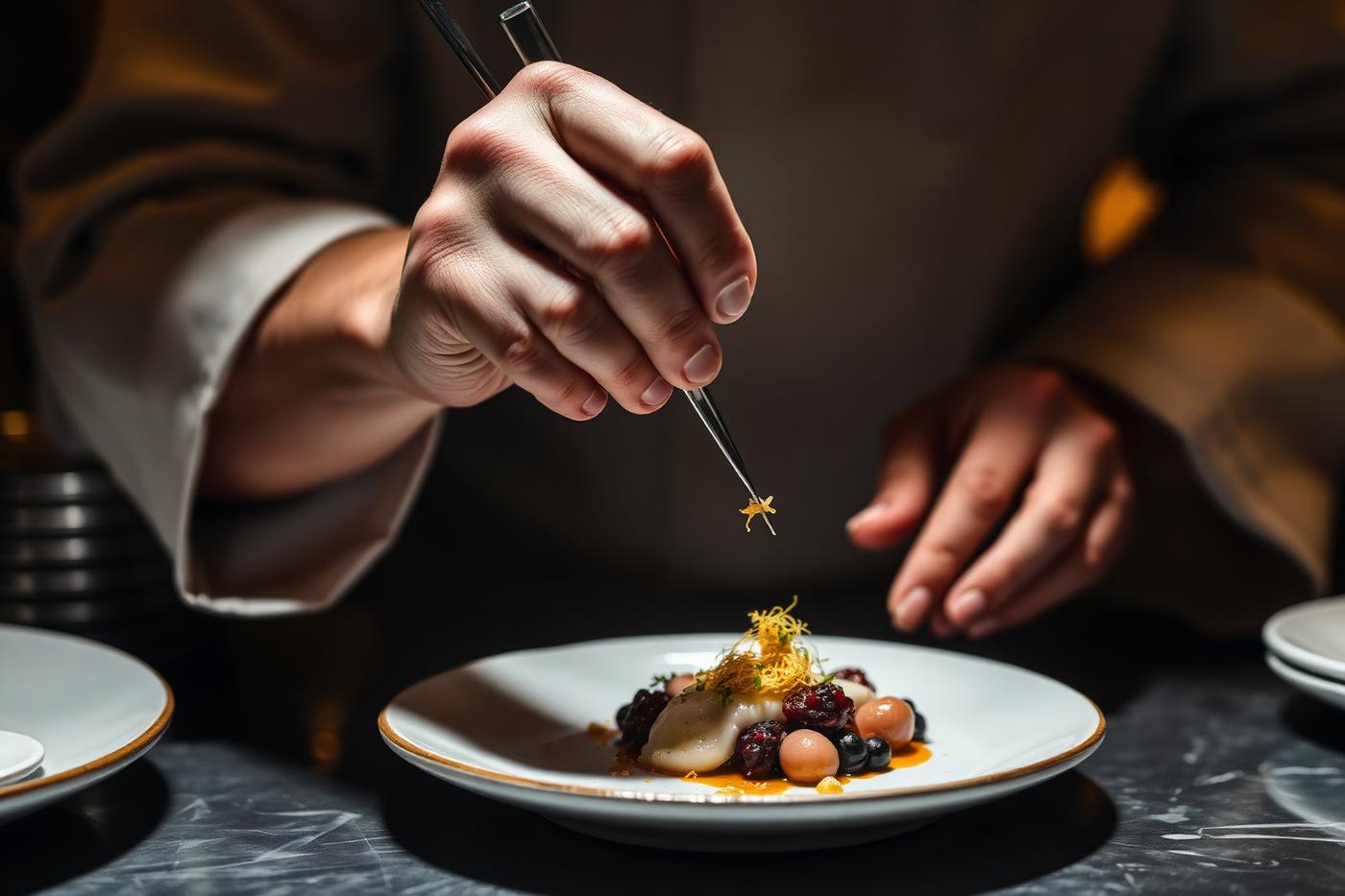 Chef garnishing a plated dish with tweezers