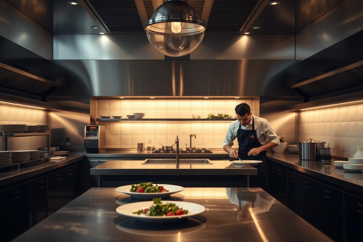 Chef plating inside a professional cloud kitchen