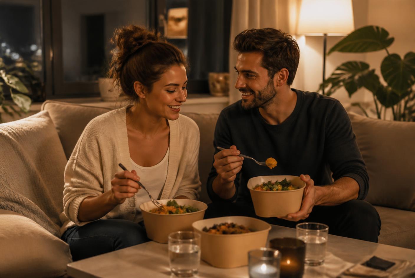 Couple sharing a delivered dinner on a sofa