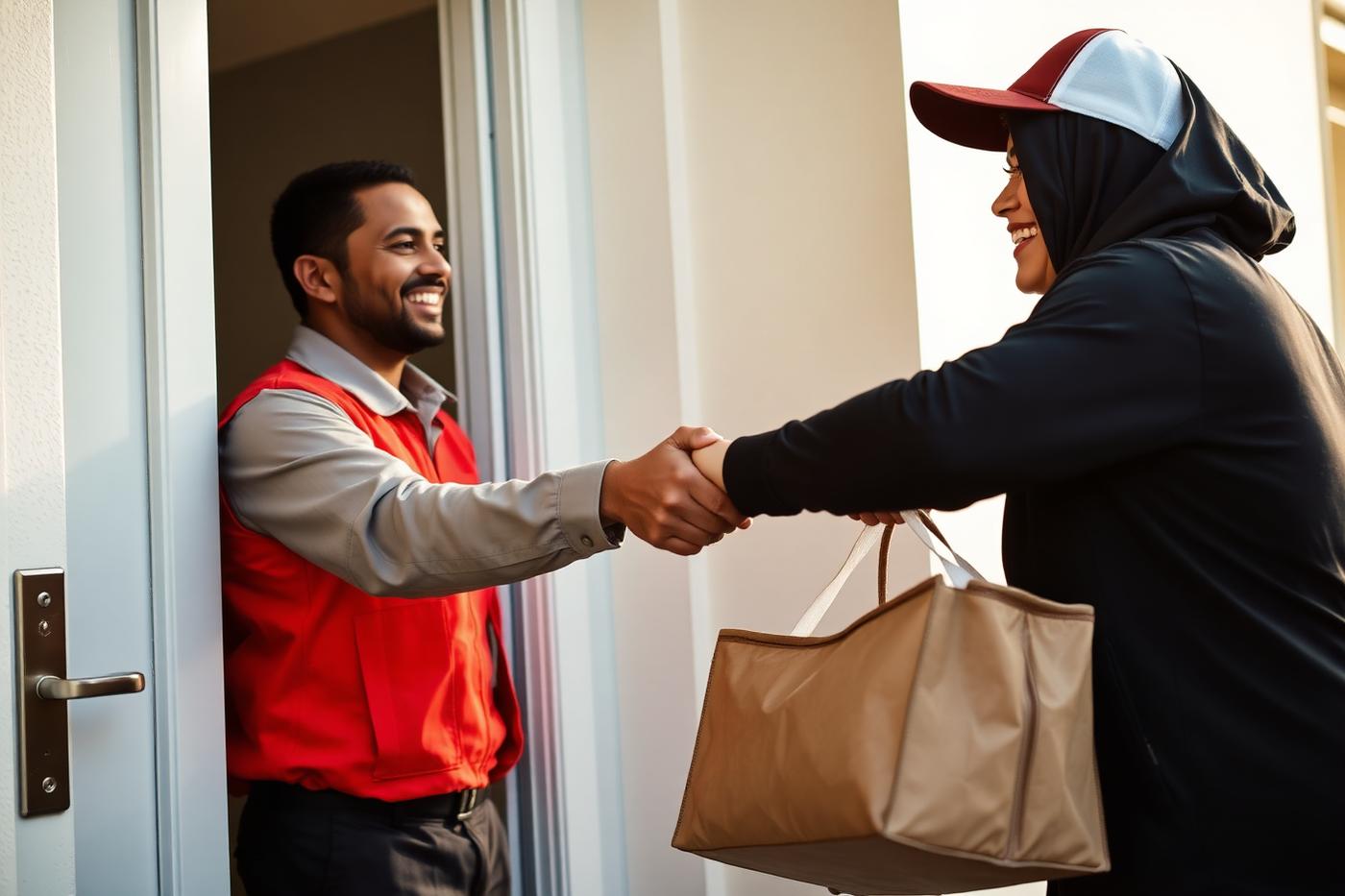 Courier handing an insulated meal bag to a customer