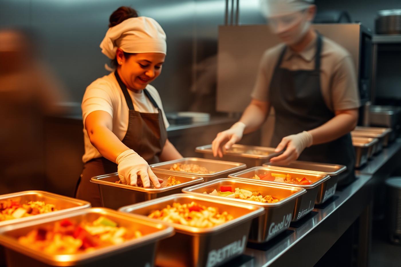 Kitchen team packing hot meals on the dispatch line