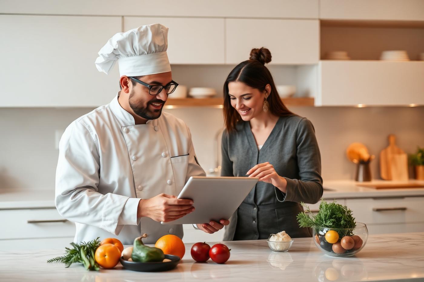 Chef and nutritionist reviewing a meal plan together
