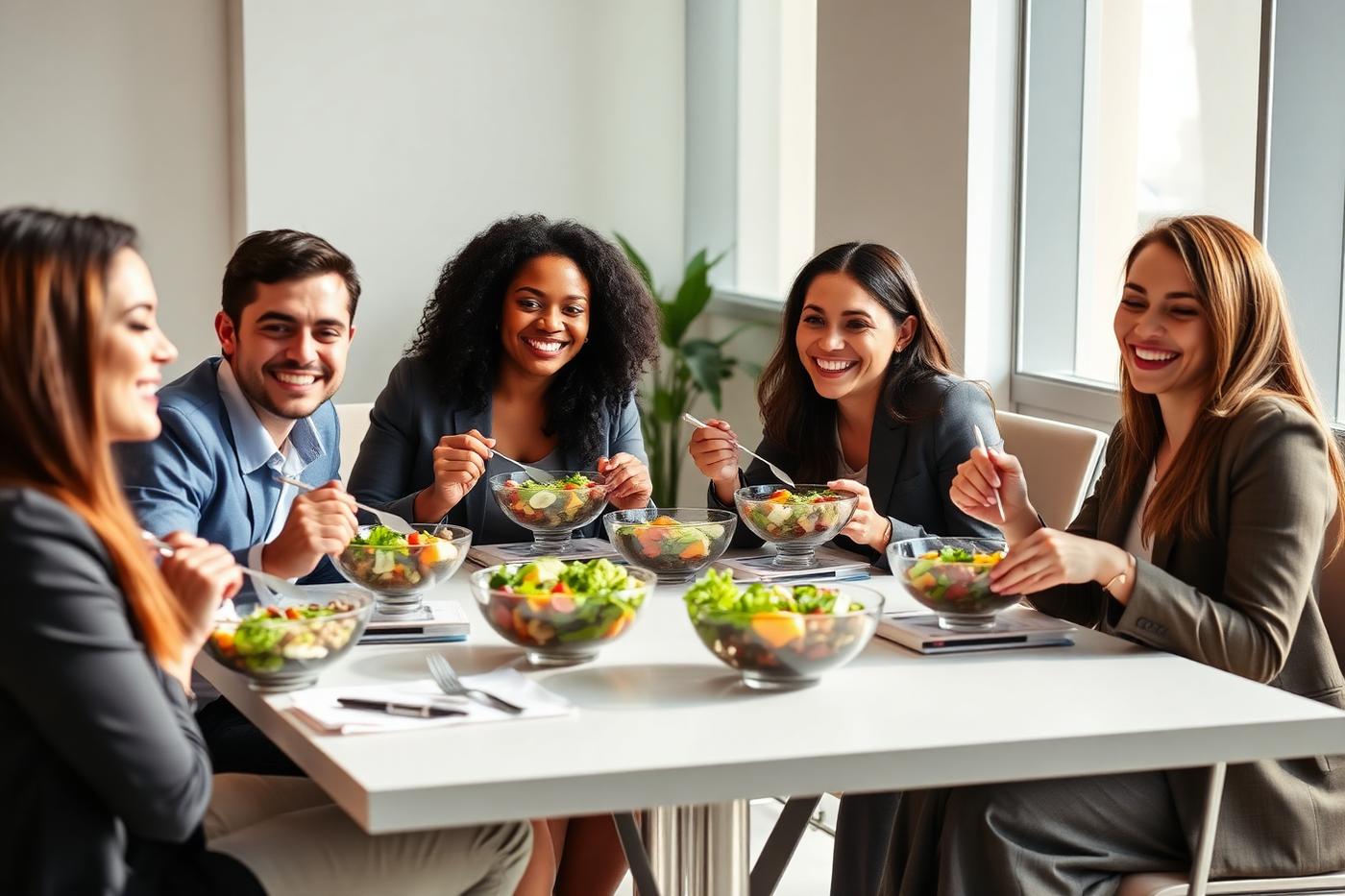 Colleagues eating healthy lunch bowls at an office table