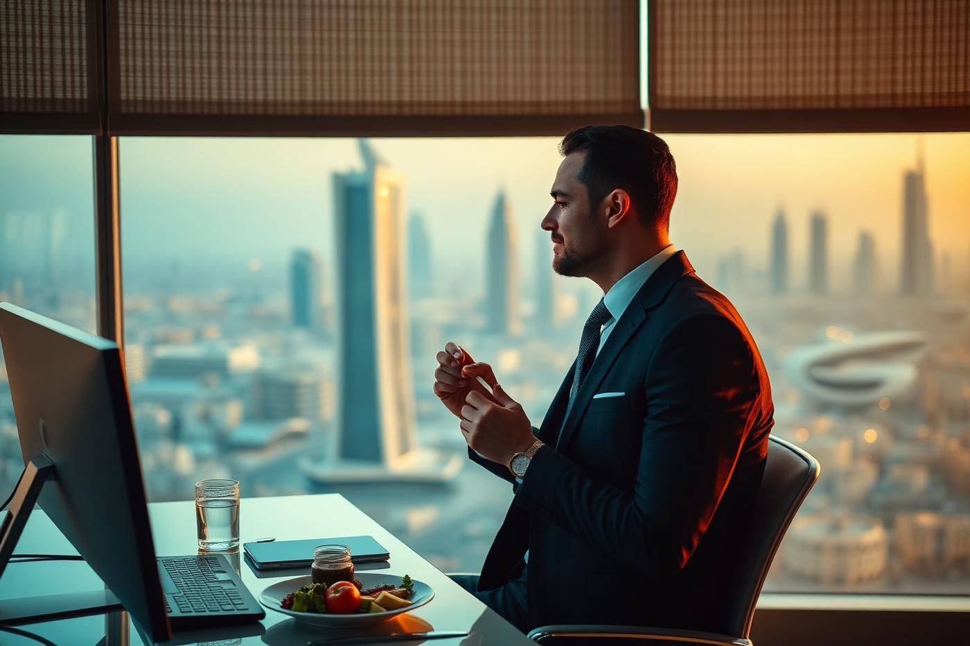 Executive eating a healthy lunch with a city skyline view