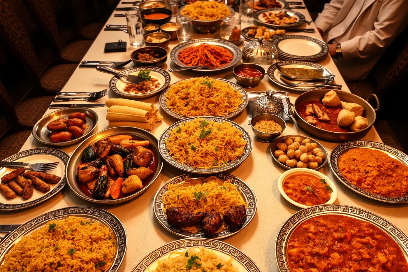 Arabic and Indian feast spread across a long table