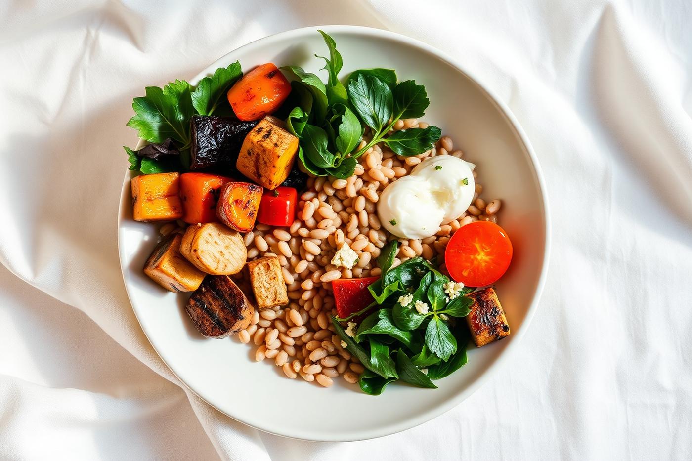 Healthy grain bowl with grilled vegetables and greens