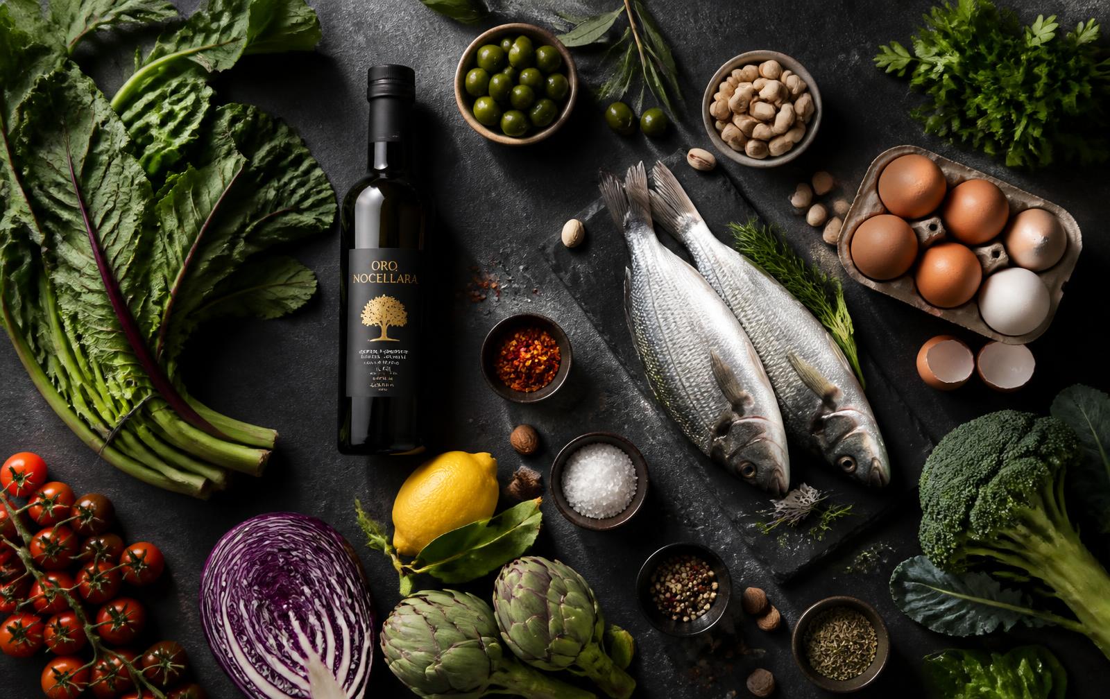Fresh vegetables, fish, herbs, eggs, olive oil and spices arranged as a luxury food editorial