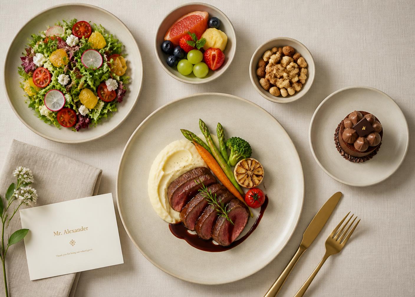A complete personalized meal set with main course, salad, fruit, nuts and dessert