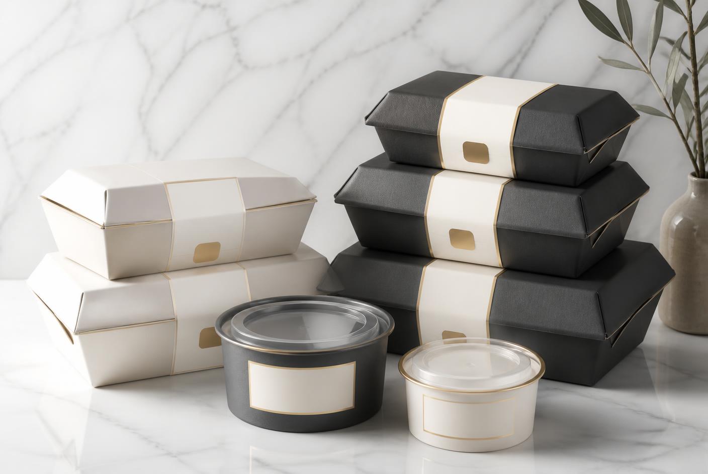 Premium charcoal and ivory meal packaging on marble