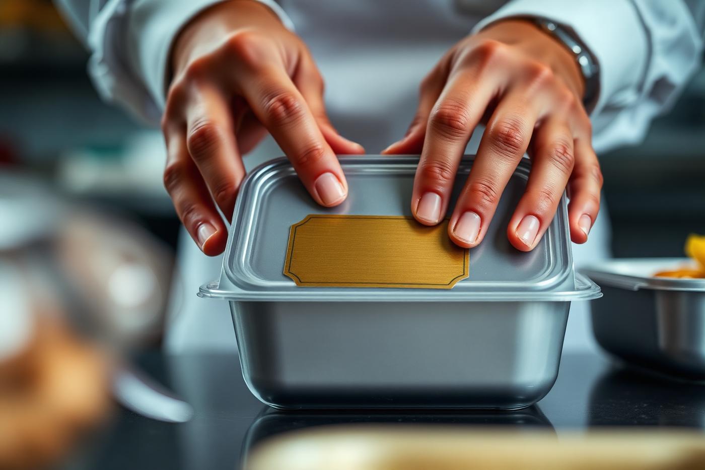 Hands sealing a meal container with a gold label