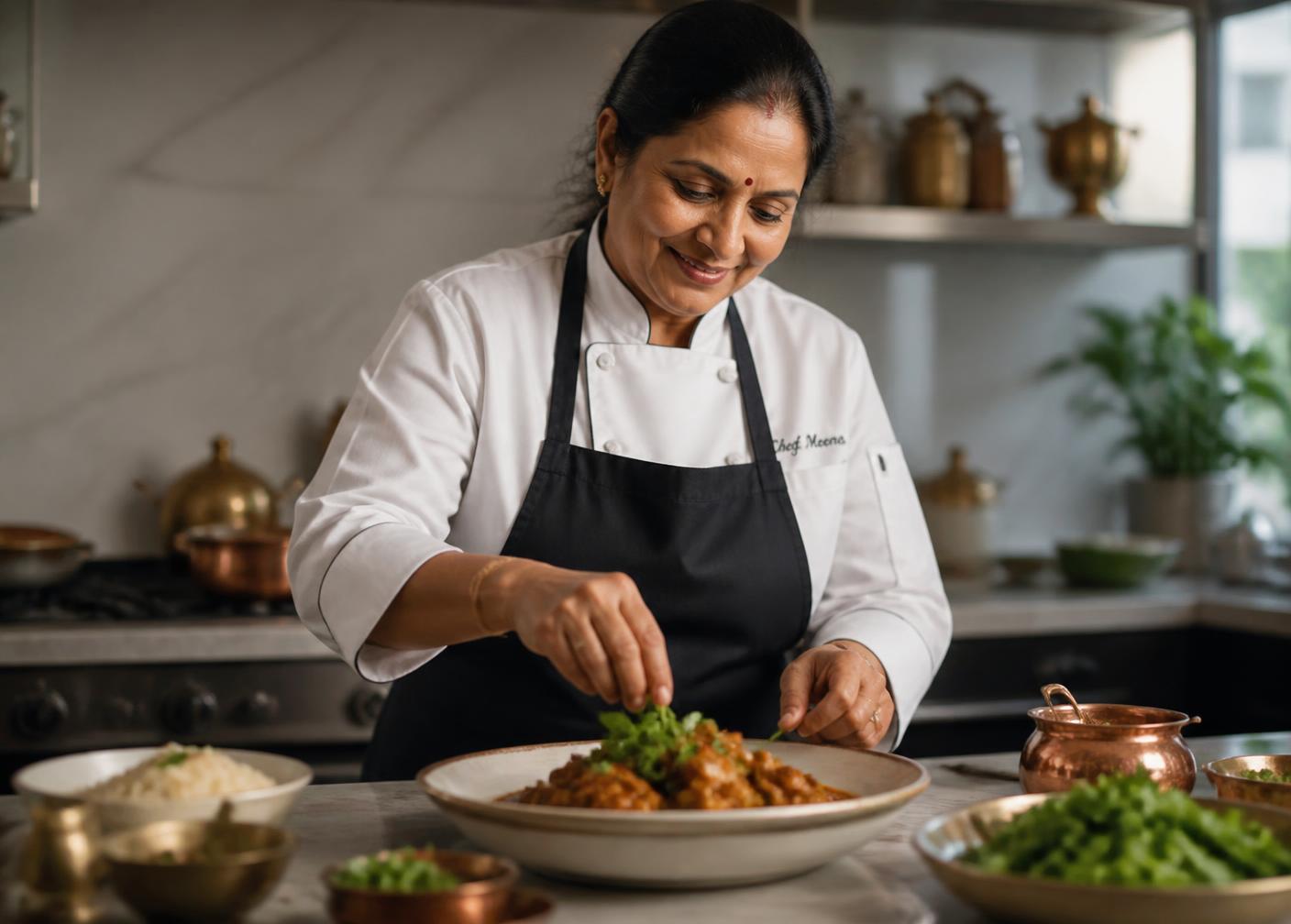 A skilled woman chef plating a traditional dish in a professional kitchen