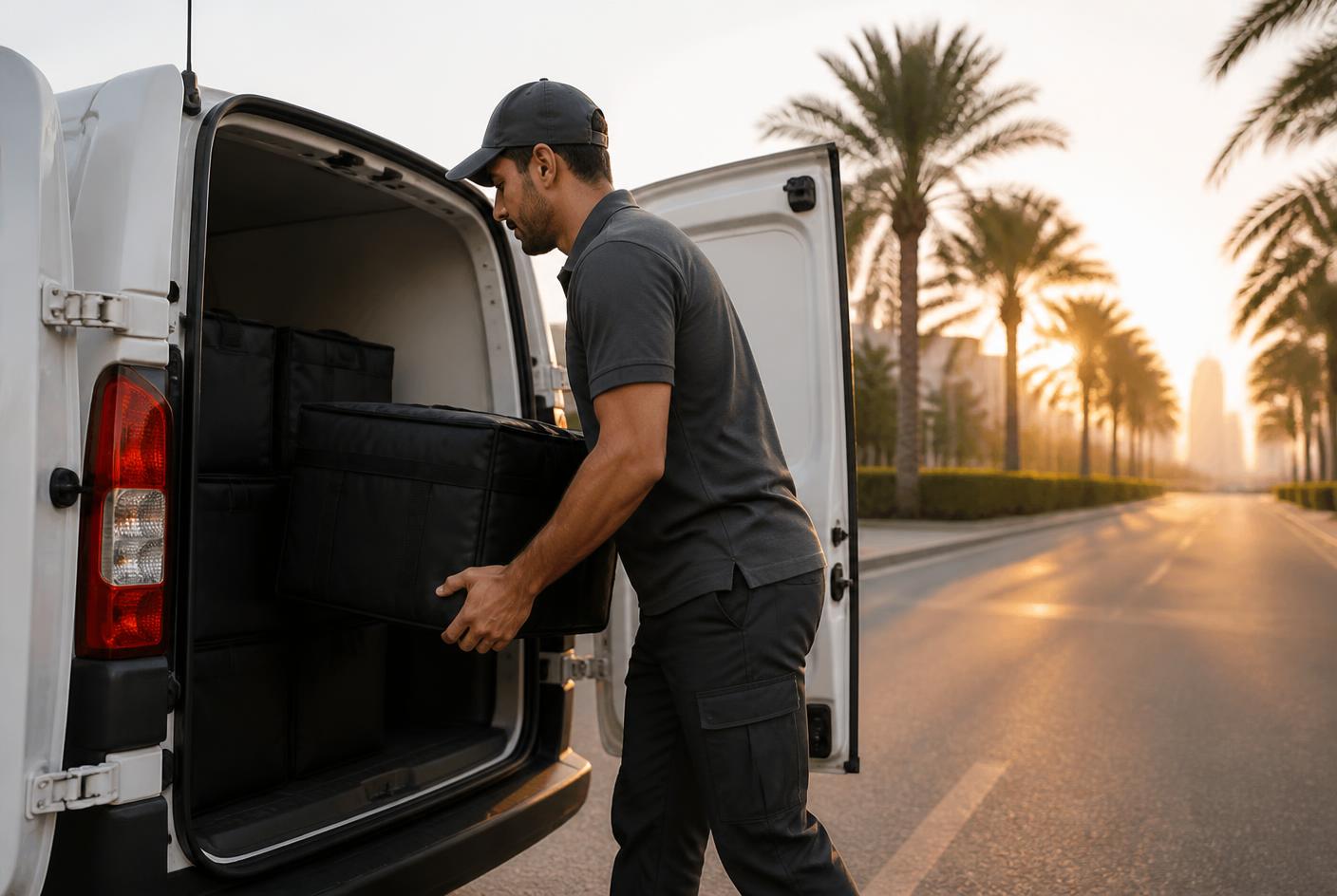 Courier loading insulated food bags into a delivery van