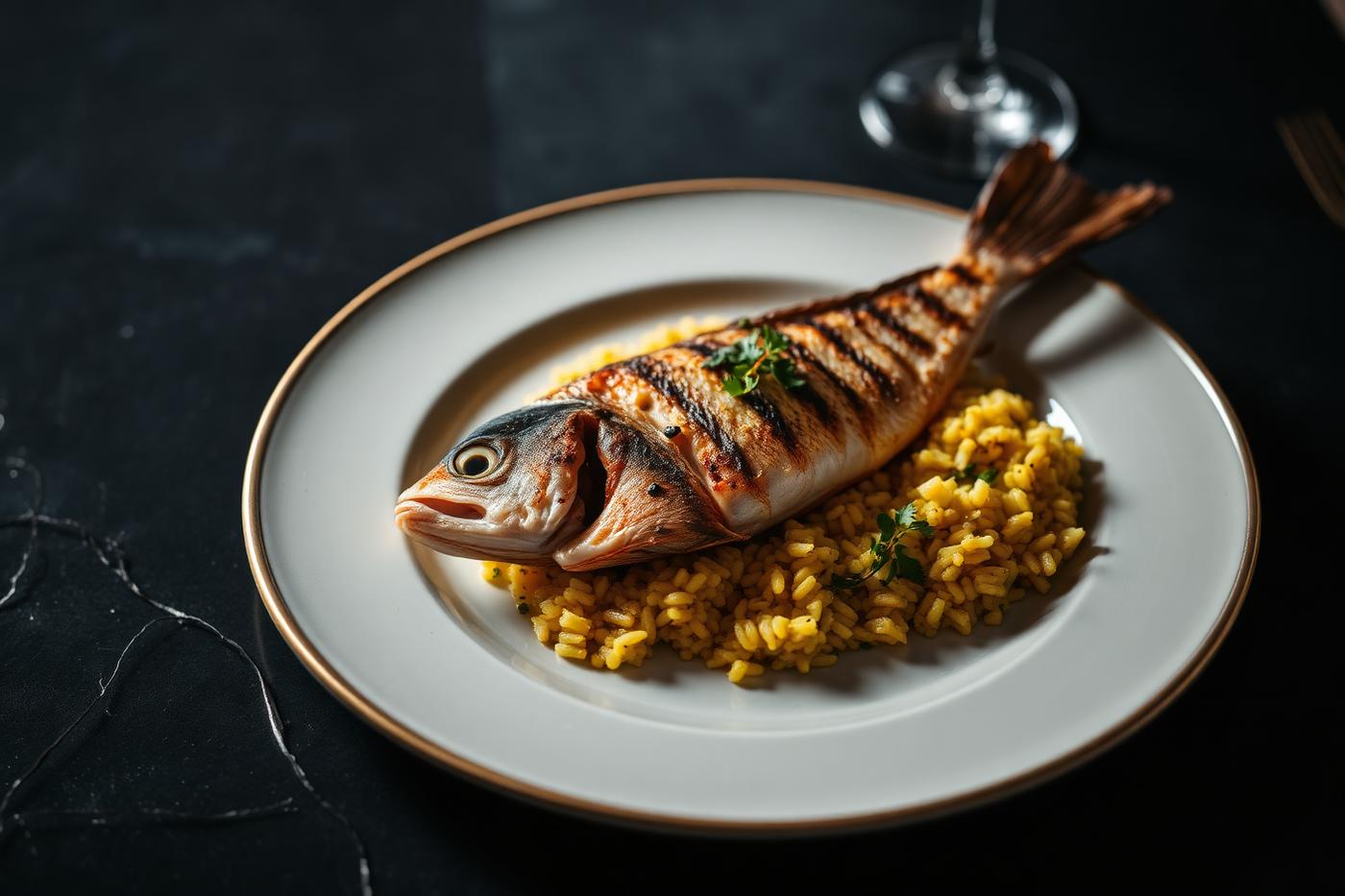 Grilled fish with saffron rice on a gold-rimmed plate