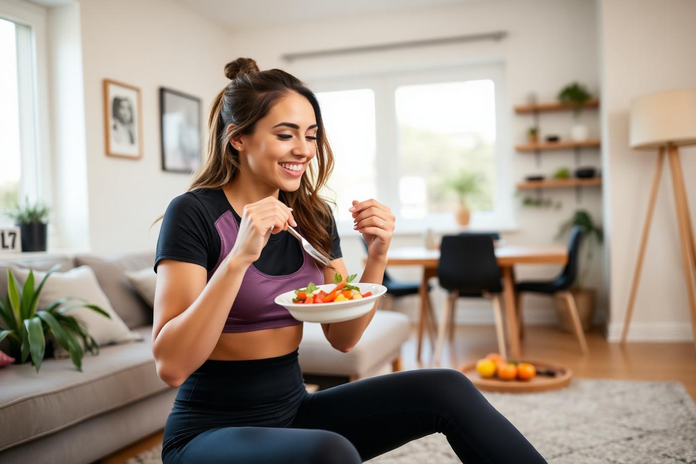 Woman in athleisure enjoying a protein-rich meal at home