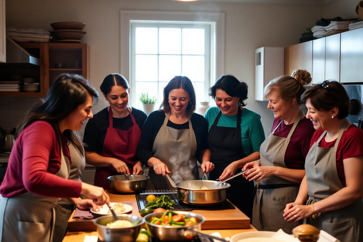 Women home chefs cooking together in a community kitchen